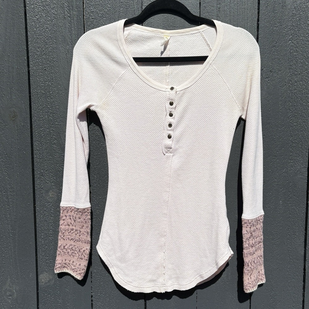 Free People Y2k Boho Ski Lodge Thermal Henley Top S Waffle Knit Alpine Layering